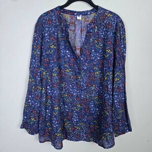 Old Navy Womens Dark Floral Linen Long Sleeve Top XL Blue V Neck Flowy Beachy